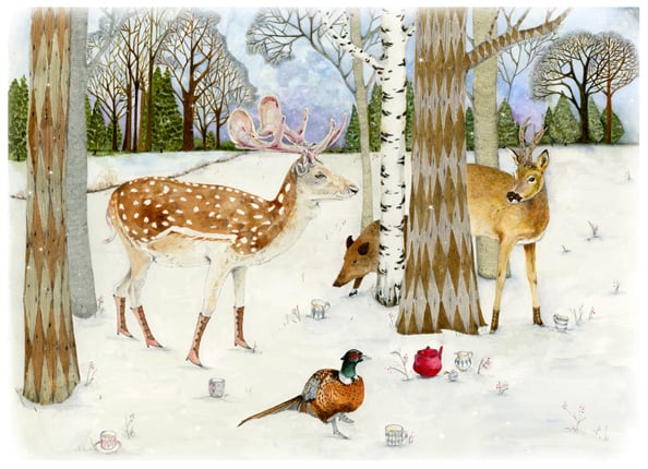 Giclee winter Woodland Animal A4 Print with Deer, Pheasant and Wild Boar