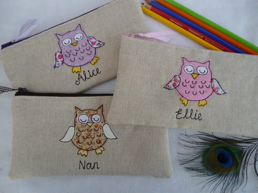 Personalised Owl Pencil Case - Linen Pen Pouch with Choice of Words and Colour
