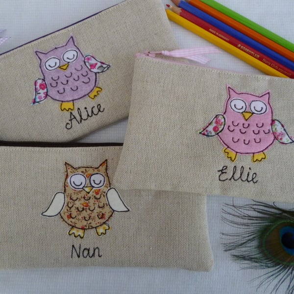 Personalised Owl Pencil Case - Linen Pen Pouch with Choice of Words and Colour
