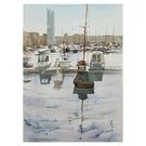 Tower And Boats, original watercolour painting