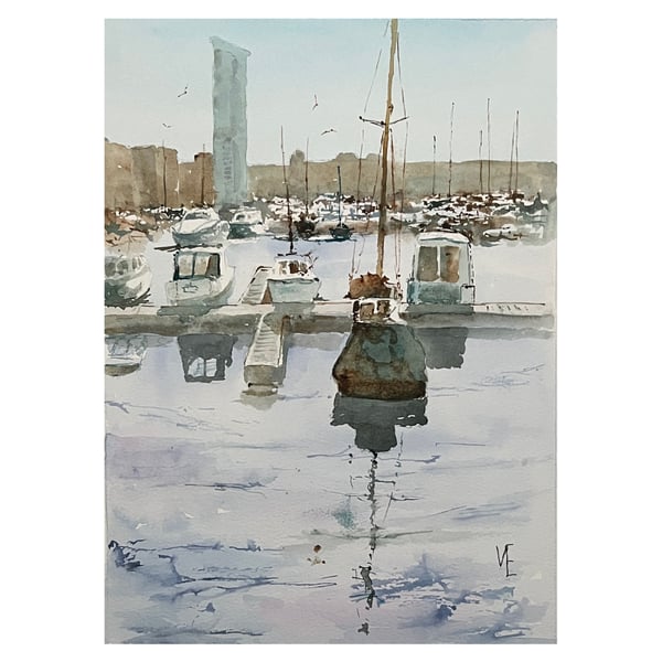 Tower And Boats, original watercolour painting