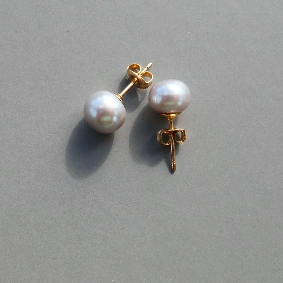 Silver Grey Pearl Button Earrings with 14k Gold Filled Stud and Back