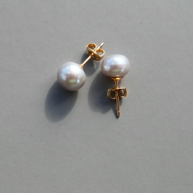 Silver Grey Pearl Button Earrings with 14k Gold Filled Stud and Back