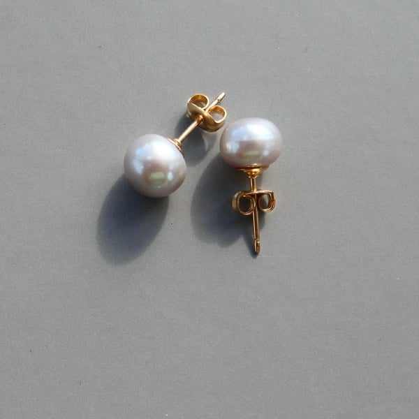 Silver Grey Pearl Button Earrings with 14k Gold Filled Stud and Back