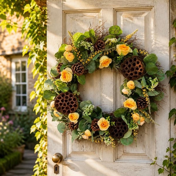 Handmade Rustic Autumn Wreath - Yellow Roses, Pine Cones, Farmhouse Door Decor