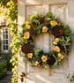 Handmade Rustic Autumn Wreath - Yellow Roses, Pine Cones, Farmhouse Door Decor