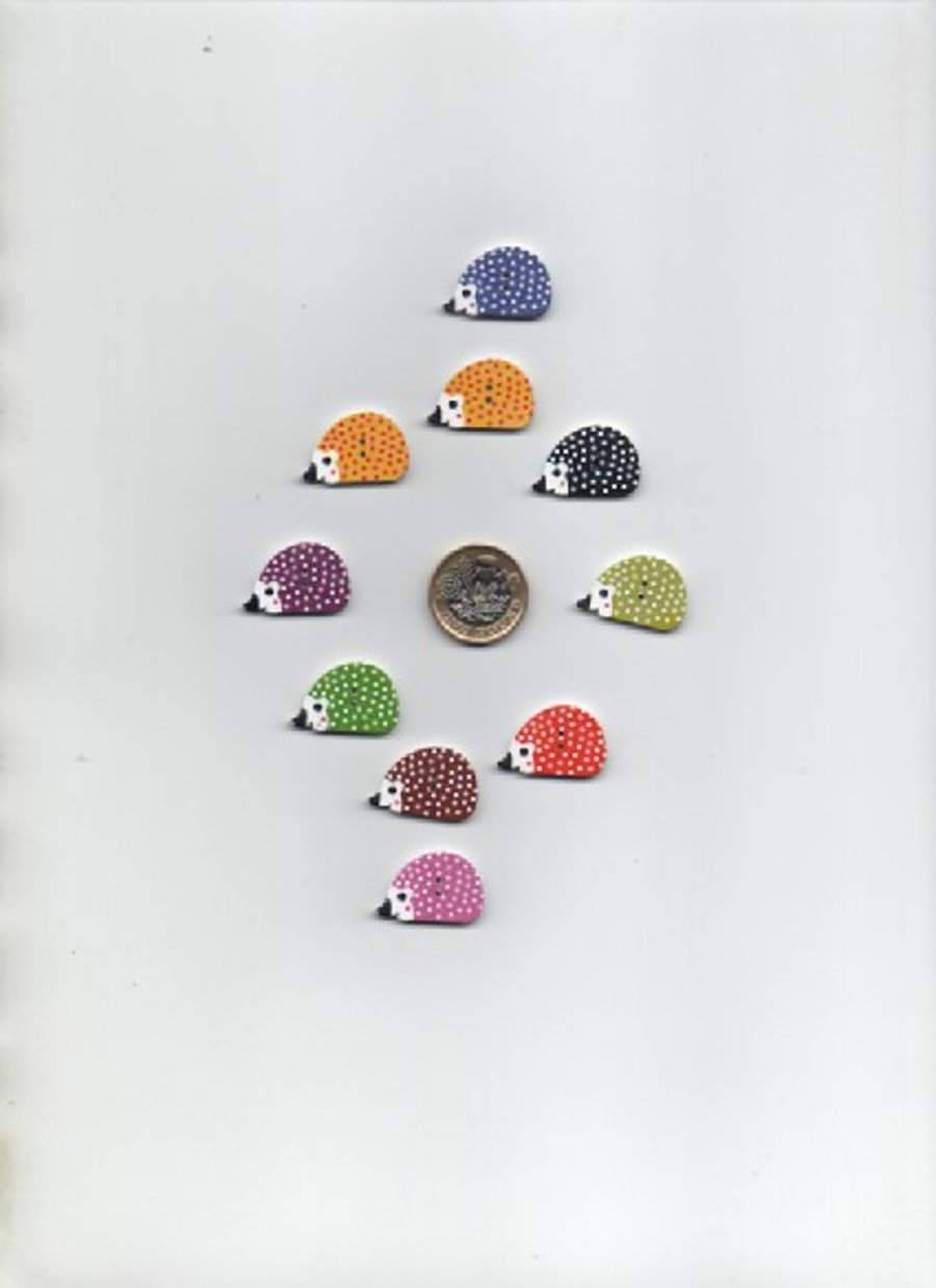 Pack of 10 assorted hand-finished painted HEDGEHOG wooden buttons CLEARANCE