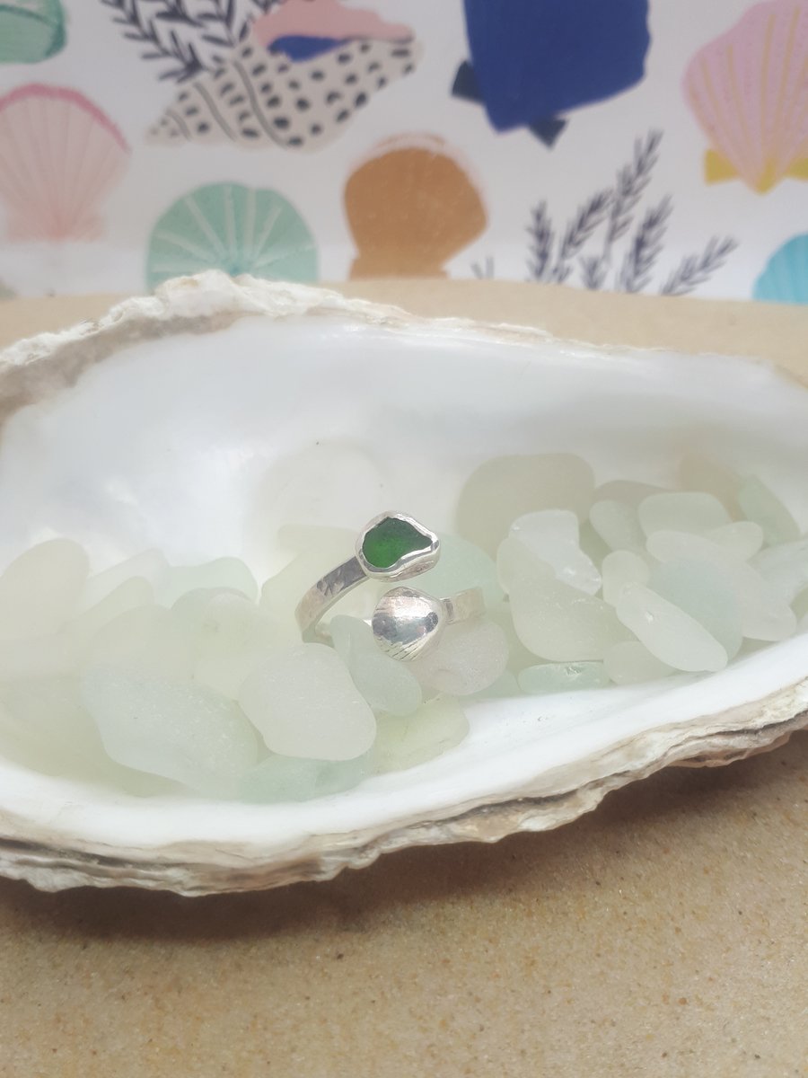 Seconds Sunday Green sea glass and cockle adjustable ring 