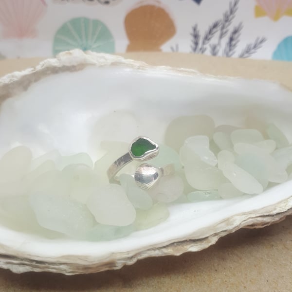 Green sea glass and cockle adjustable ring 