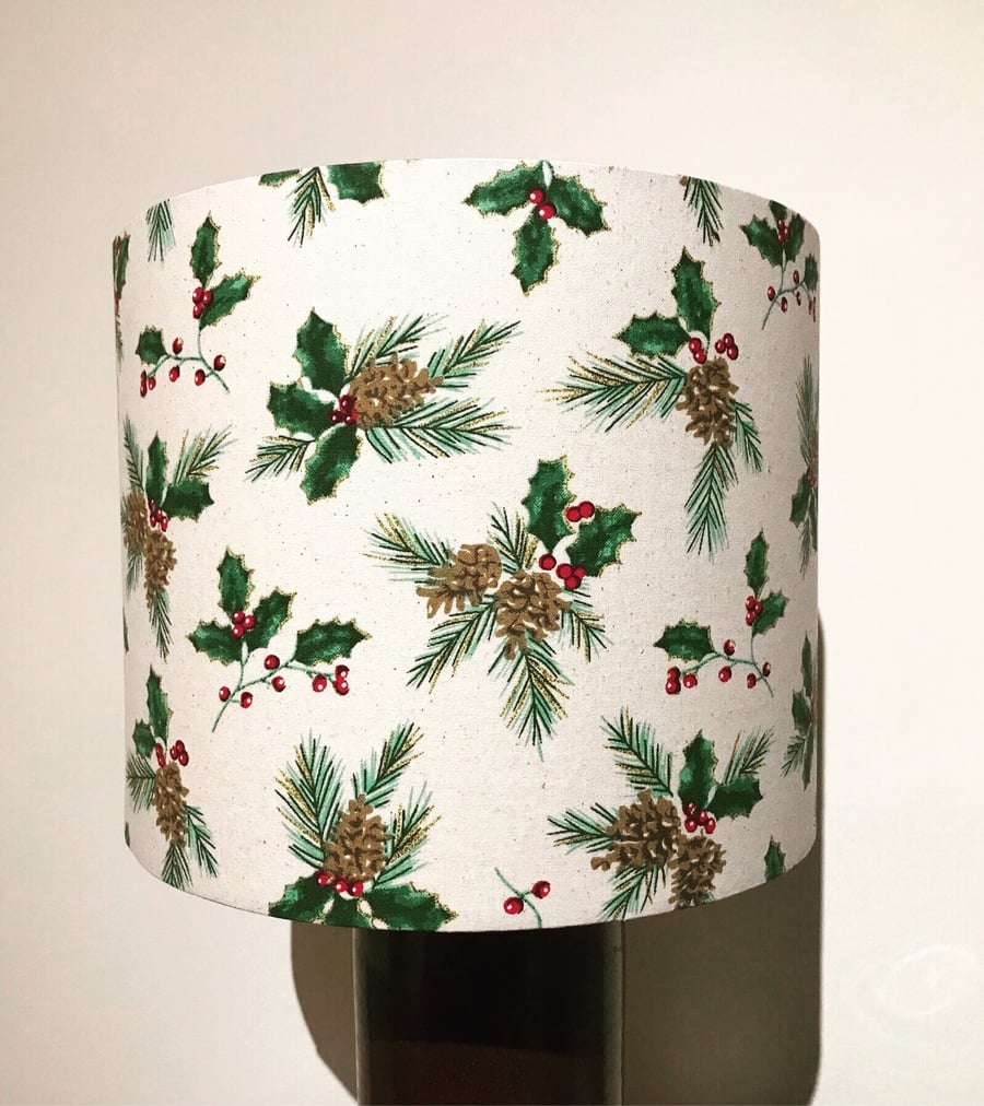 Handmade Christmas Lampshade with Holly Mistletoe Pinecone 