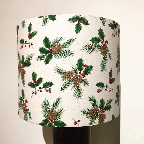 Handmade Christmas Lampshade with Holly Mistletoe Pinecone 