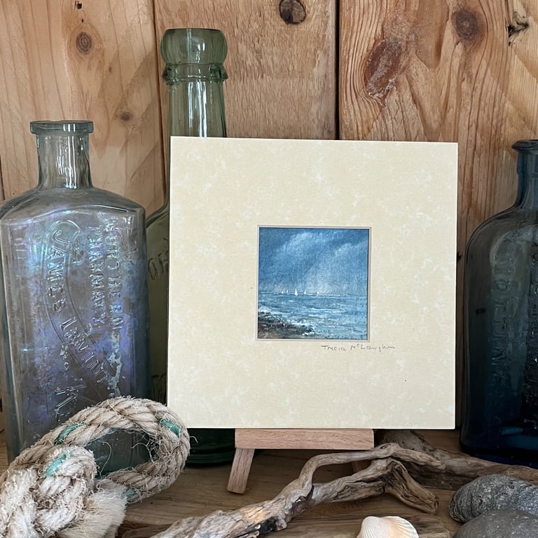 Small watercolour seascape in a cream mount, ready to frame