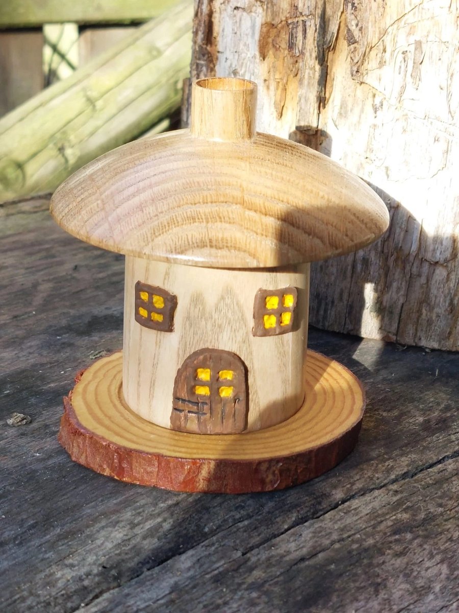 Quirky Hand crafted Wood turned Fairy Toadstool Cottage Incense Burner and cones