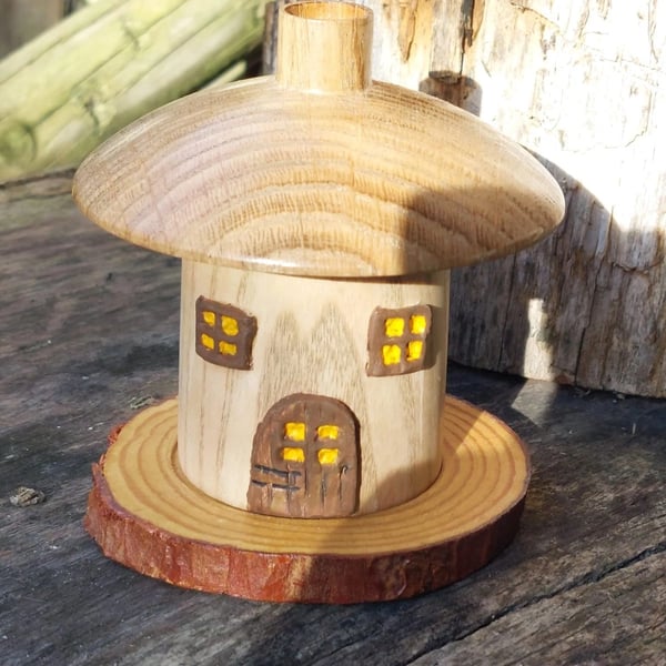 Quirky Hand crafted Wood turned Fairy Toadstool Cottage Incense Burner and cones