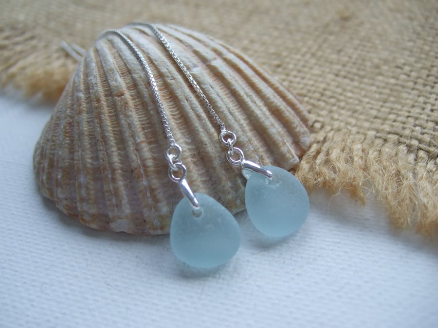 Japanese Sea Glass Earrings, Threaders Sea Foam Beach Found Glass, Sterling
