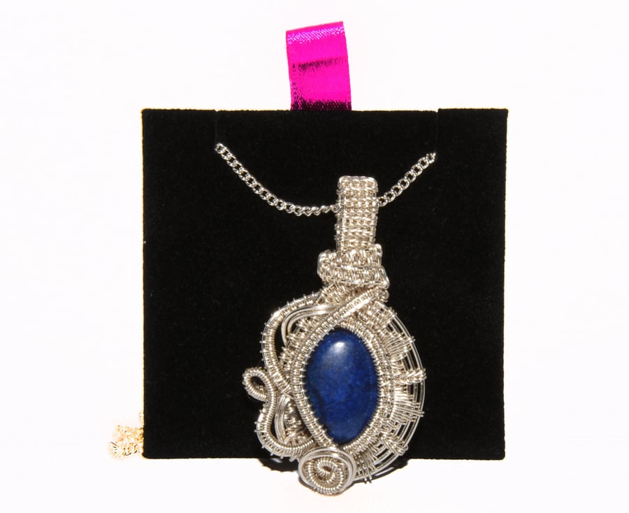 Elegant lapis lazuli pendant, wire wrapped lapis lazuli; blue stone pendant