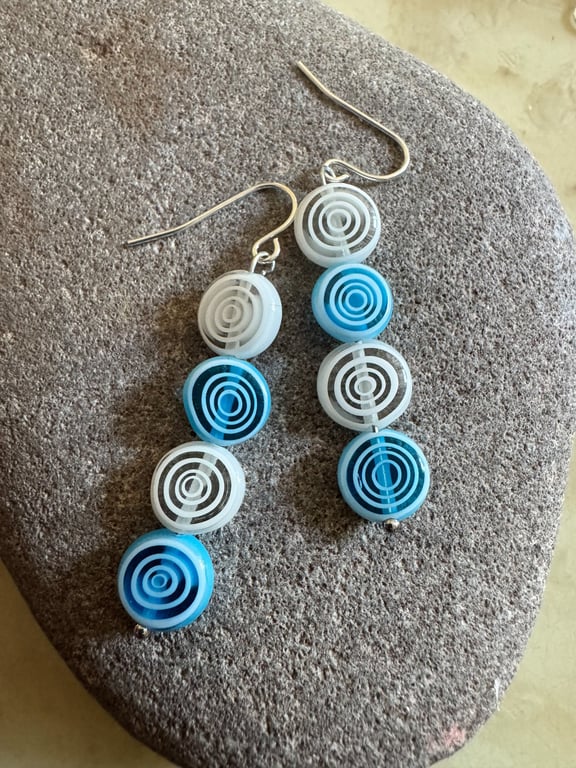 Blue and white Millefiori glass bead spiral boho dangle earrings