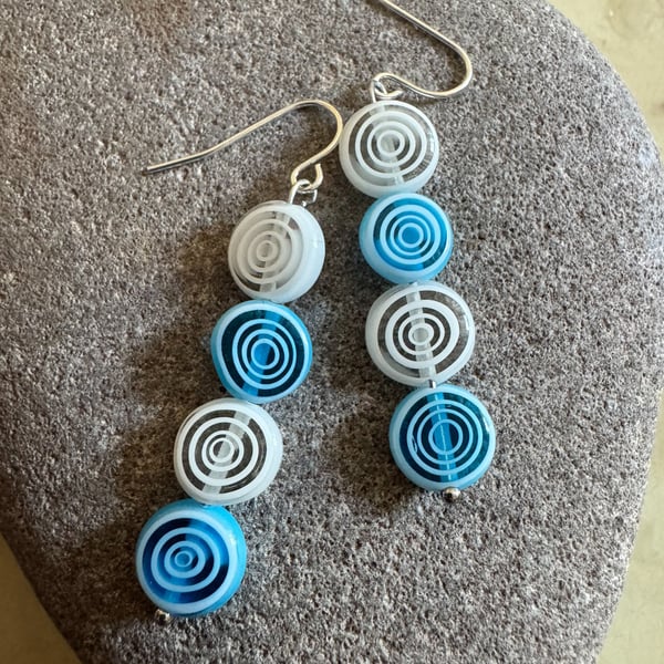 Blue and white Millefiori glass bead spiral boho dangle earrings
