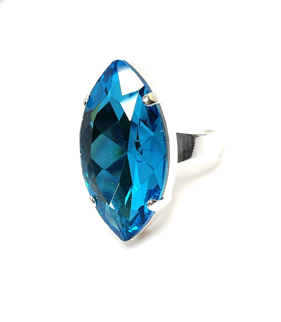 Large Aquamarine Crystal Silver Ring, Blue Statement Ring