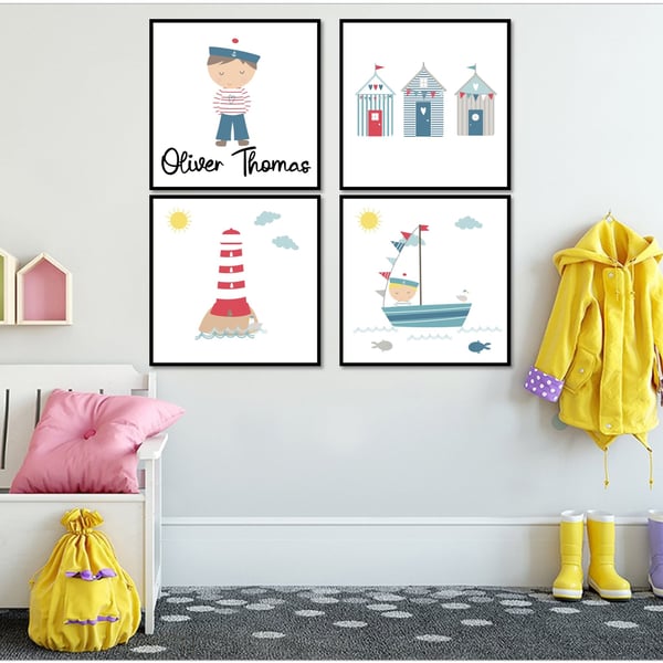 Set of 4 Personalised Seaside Sailor Themed prints for Boys and Girls
