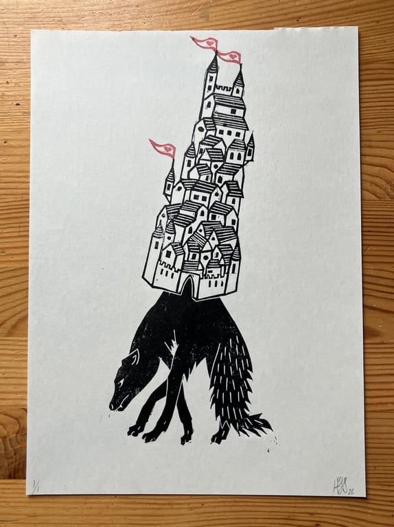 The Weight and the Balance, fairy tale linocut print of a fox and a castle