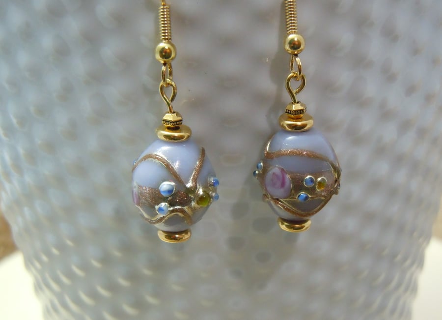 Artisan Lampwork Venetian style glass foil bead earrings