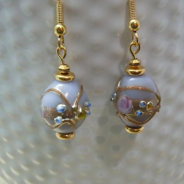 Artisan Lampwork Venetian style glass foil bead earrings