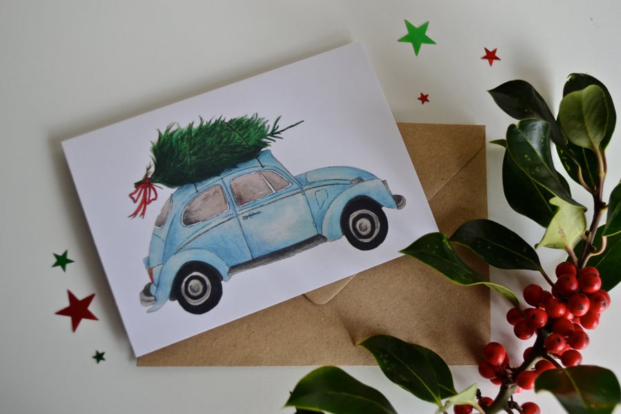 Blue Beetle and Tree Christmas Card - Recycled & Eco Friendly Greetings Card