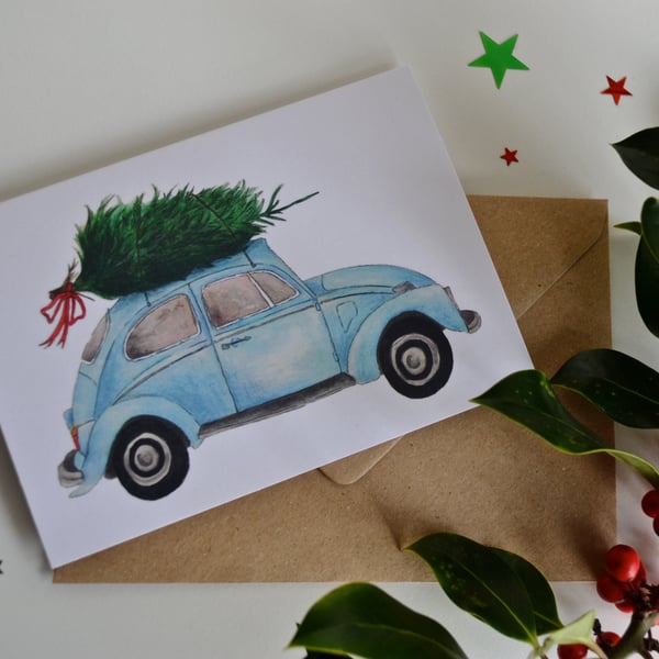Blue Beetle and Tree Christmas Card - Recycled & Eco Friendly Greetings Card