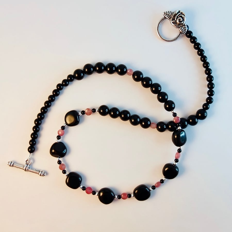 Tourmaline Necklace With Onyx & Silver - Handmade Gift, Libra, October Birthday