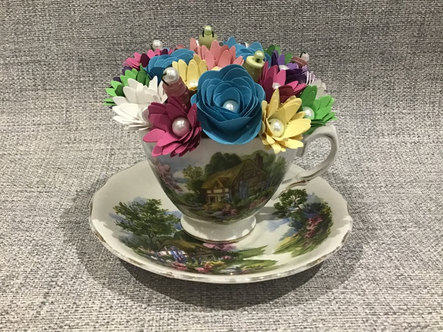 Vintage Tea Cup and Saucer filled with Paper Flowers