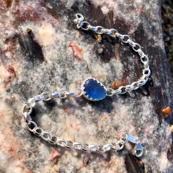 Bright Cornflower Blue Sea Glass & Silver Bracelet - 1256