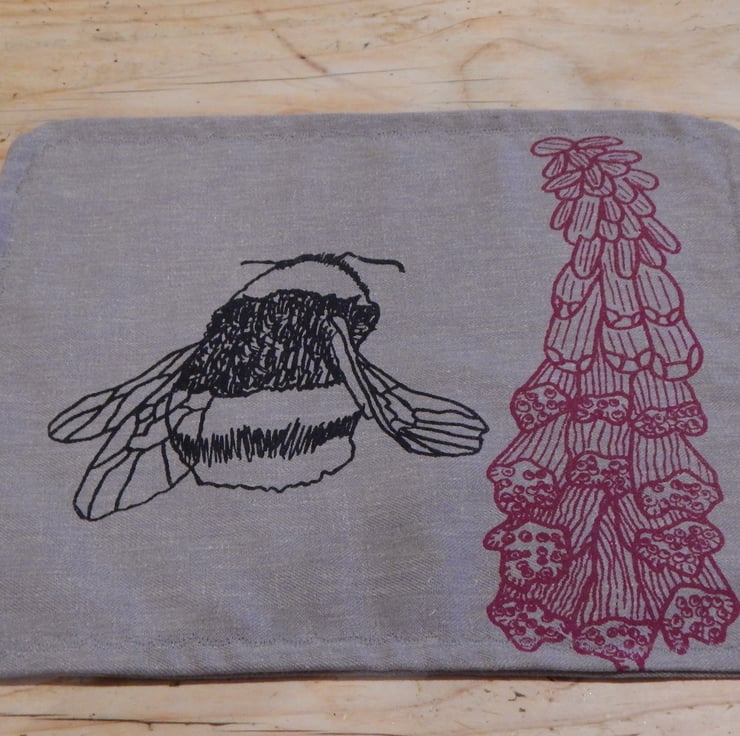 Grey Bee and Foxglove cotton placemat Hand sc... Folksy