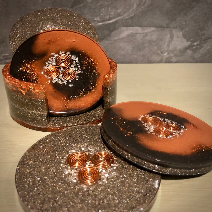 Orgonite Charging Plate Coaster Set with Clear Quartz & Triskelion