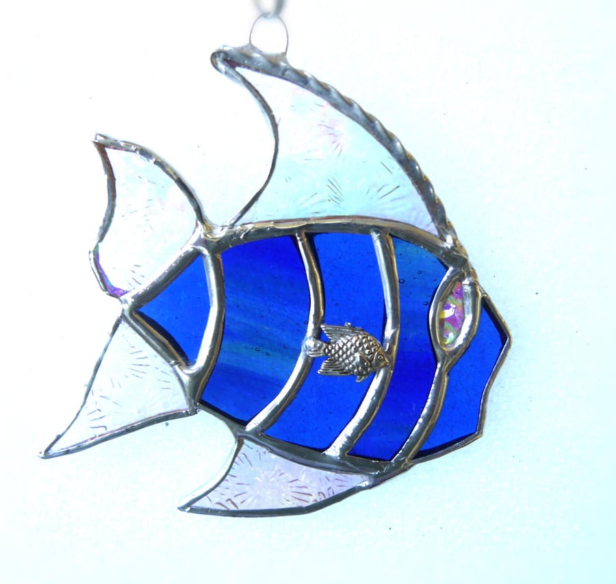 SOLD 250719 Tropical Fish Suncatcher Stained Glass Handmade Blue 034