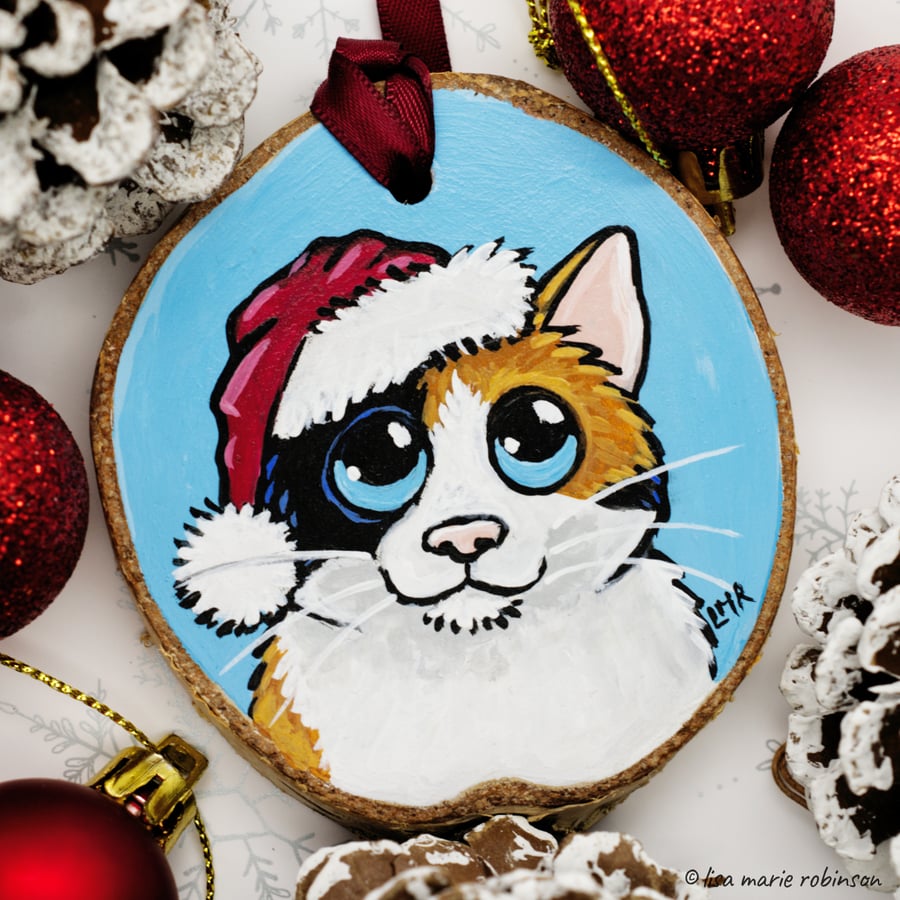 Festive Calico Cat - Hand Painted Wooden Christmas Tree Decoration