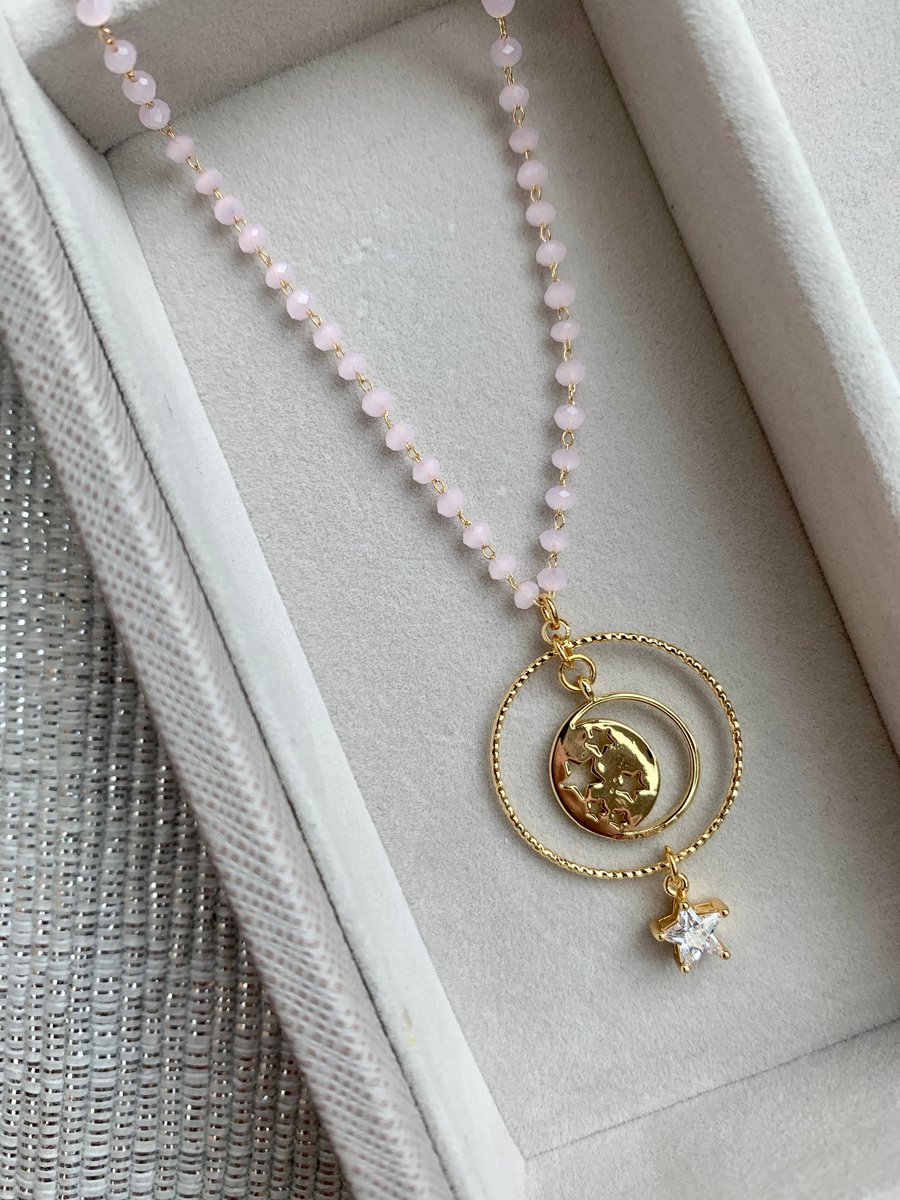 Sparkling Moon & Star Charm Necklace with Pastel Pink Beaded Chain