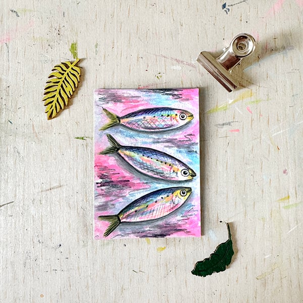 Original Aceo Sardines Miniature painting - One of a kind