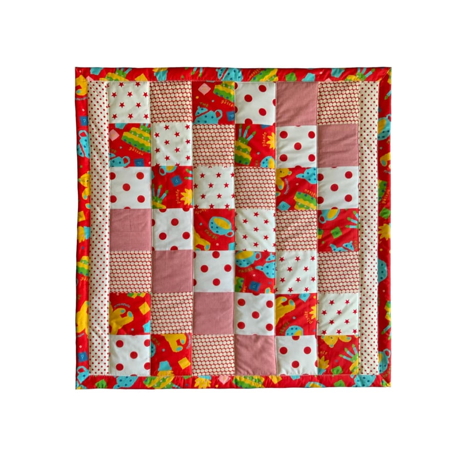 Red & White Patchwork Play Quilt: Cotton Linen Tummy Time Mat