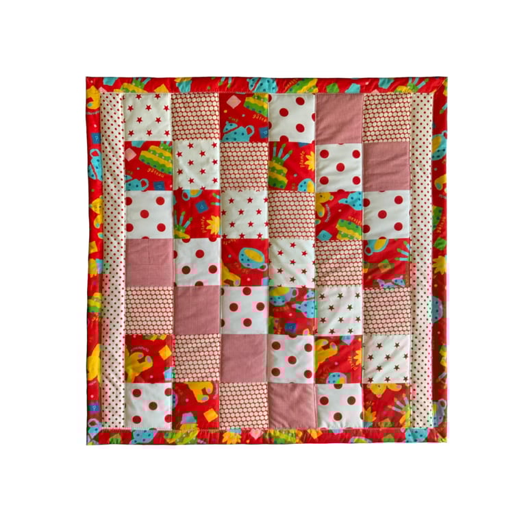 Red & White Patchwork Play Quilt: Cotton Linen Tummy Time Mat