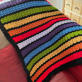 Crocheted Blanket Comprising of Rainbow and Black Stripes Throw Lap Blanket