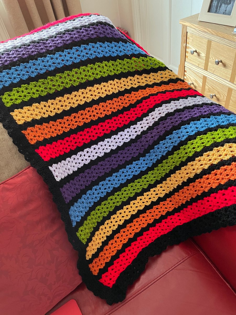 Crocheted Blanket Comprising of Rainbow and Black Stripes Throw Lap Blanket