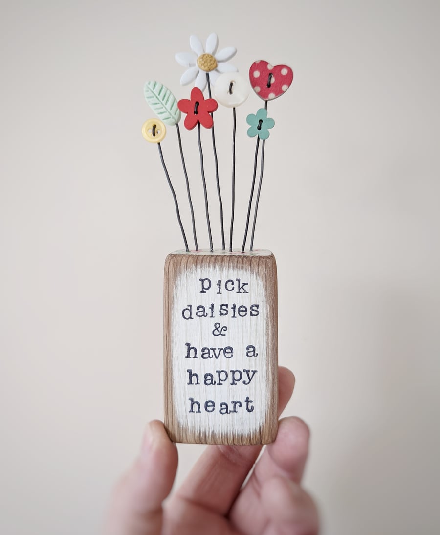 Clay Flower and Button Garden in a Wood Block 'Pick Daisies'