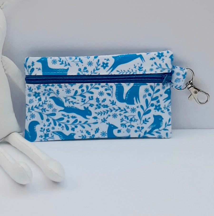 Coin pouch with zip and lobster claps - woodland animals - blue and white