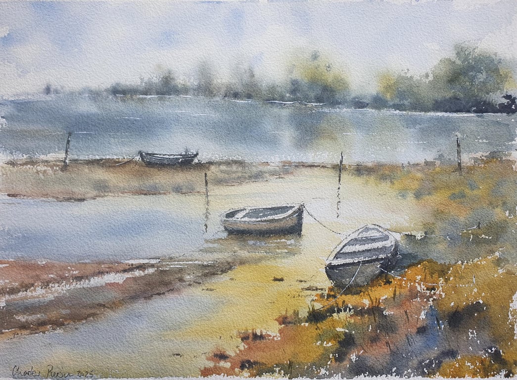 Original Watercolour Seascape . Boats at Low Tide .  15x11 inches