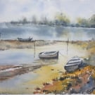 Original Watercolour Seascape . Boats at Low Tide .  15x11 inches