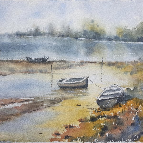 Original Watercolour Seascape . Boats at Low Tide .  15x11 inches