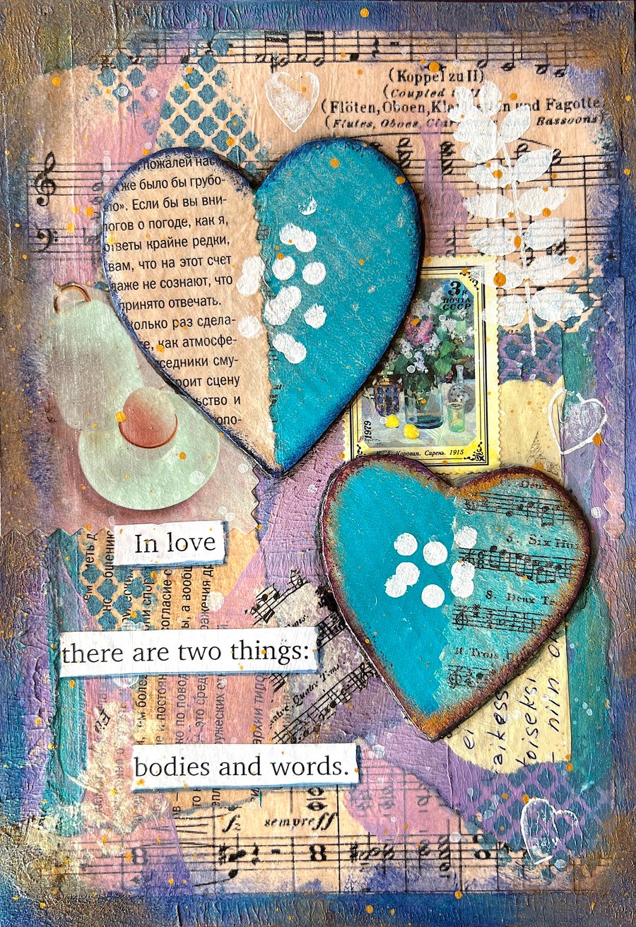 Acrylic Mixed Media Abstract collage painting - Two Hearts