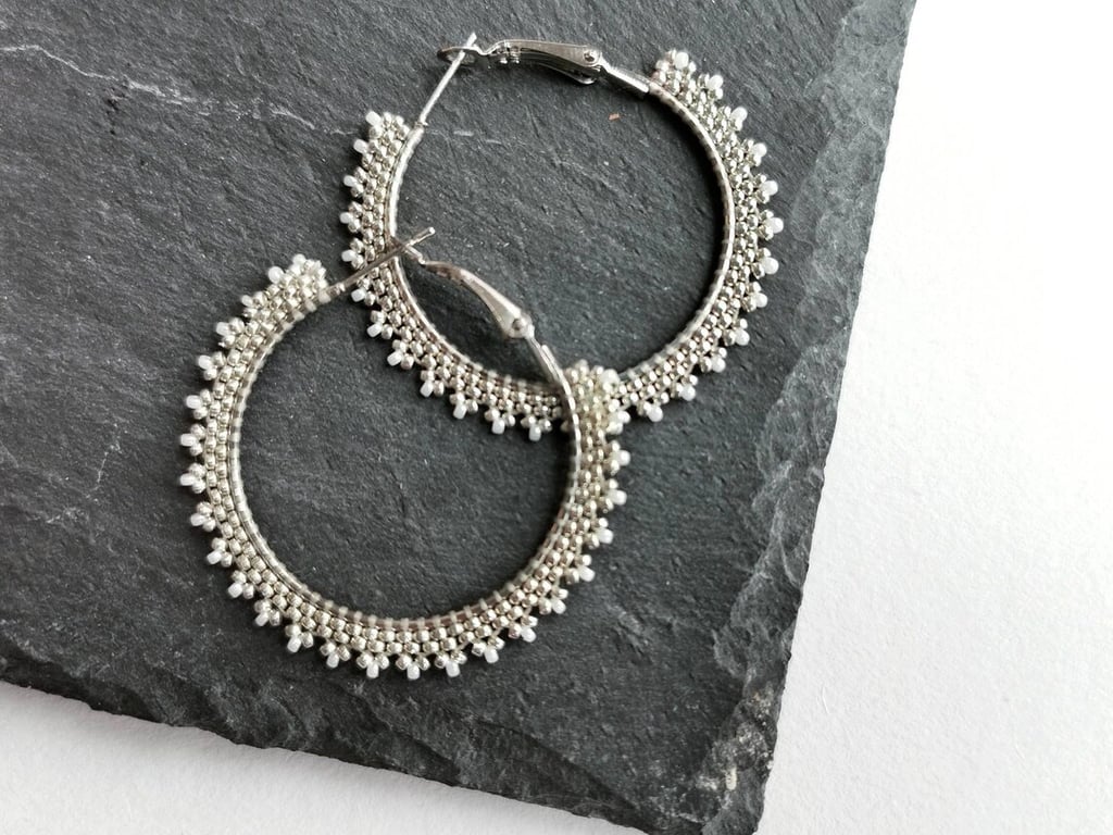 Large Beaded Silver Hoop Earrings