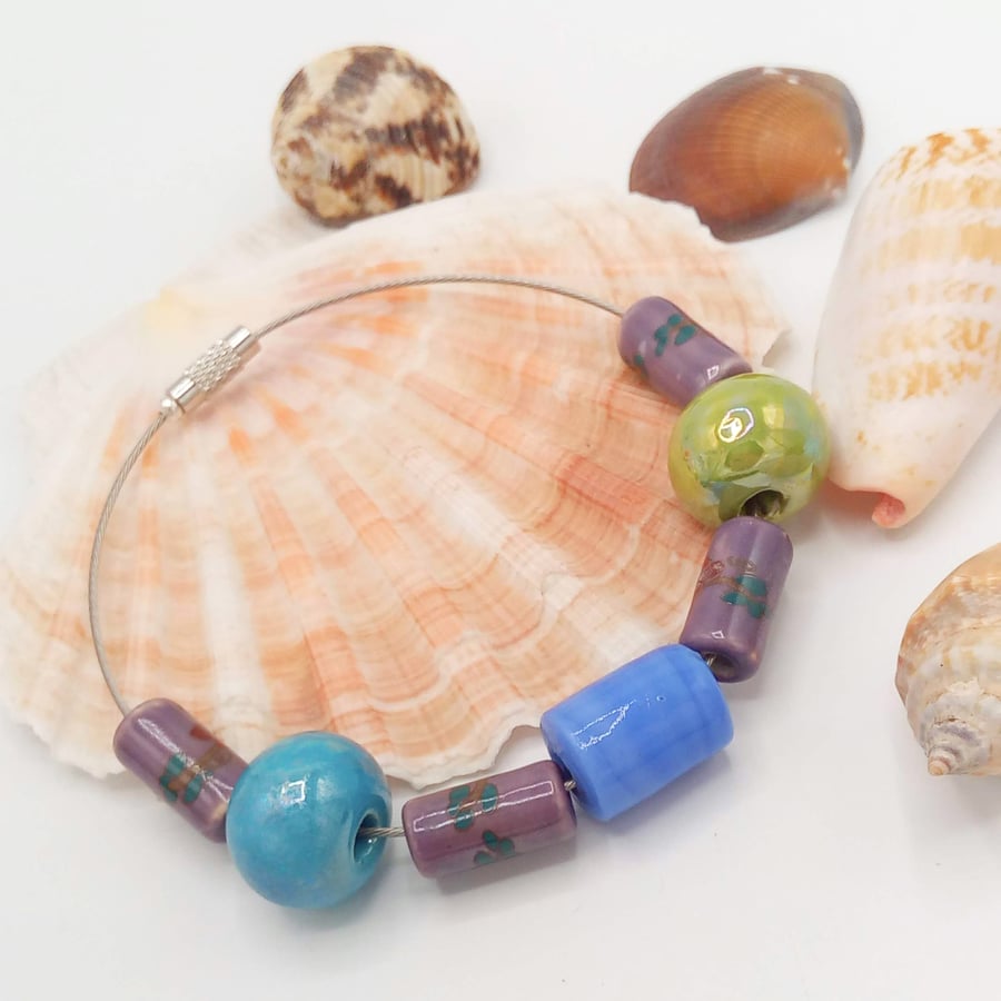 Blue Green and Purple Ceramic Bead Bracelet on a Memory Wire Band, Gift for Her